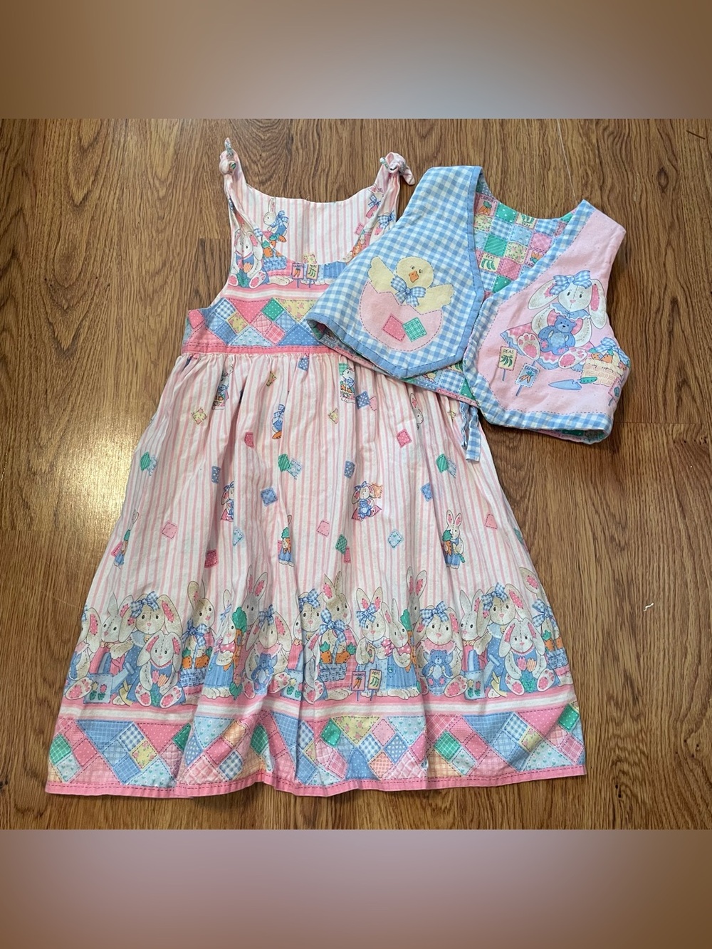 Vintage Pastel Sleeveless Bunny Chick Garden Sundress and Matching Vest Handmade